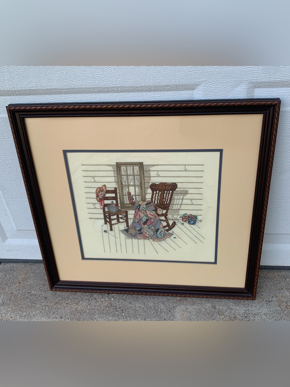 Vintage Aunt Verdi's Porch Completed Professionally Framed Cross-Stitch Art